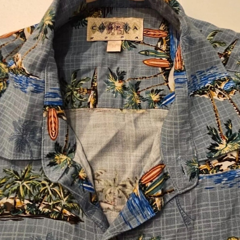 Campia Moda Mens Blue Tropical Aloha Shirt Rayon Palm Tree Surfboard Medium